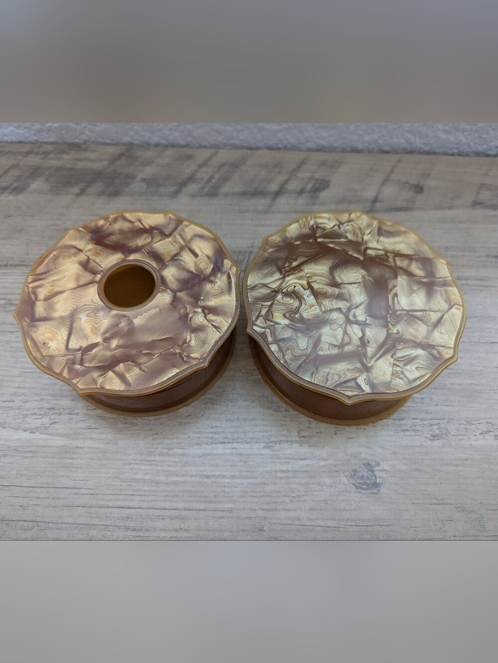 Vintage Art Deco All-Plastic Amber Marbled Vanity Set Jar Pair